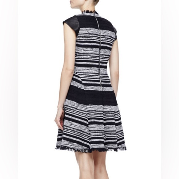 Rebecca Taylor Black White Tweed stripe leather cap sleeve Midi flare Dress 6 - Picture 3 of 13